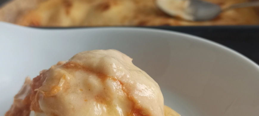 Graten de Huevos rellenos de pollo (opción sin gluten) en Thermomix