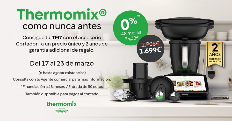 Thermomix TM7 + accesorio cortador + 2 años extra de garantía + financiación 0%